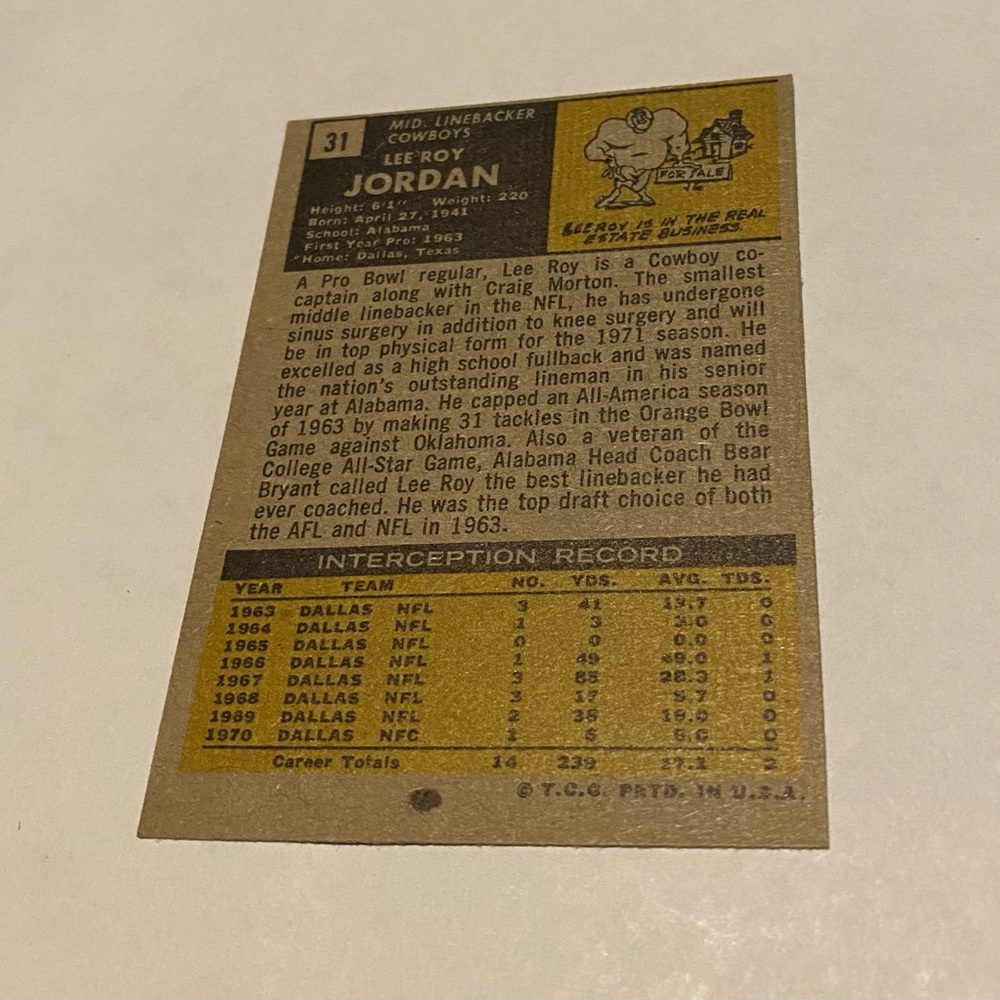 Lee Roy Jordan 1971 Topps Football Card # 31 Dallas Cowboys Vintage Collectible - Picture 3 of 3